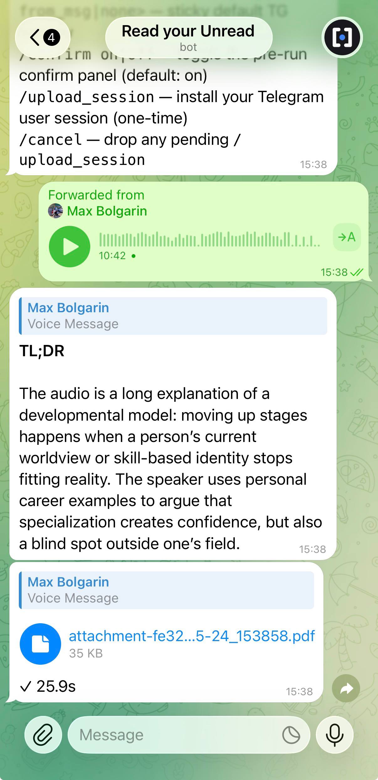 The unread Telegram bot replying to a forwarded voice message with a TL;DR and attaching a Markdown report as a document.
